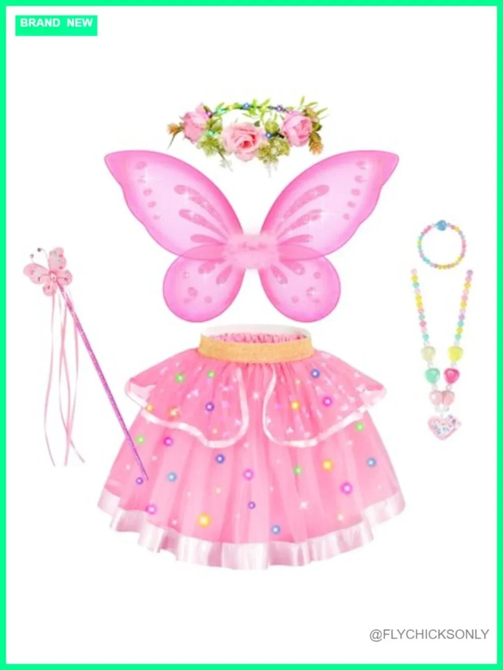 Girls Fairy Costume Set with Light Up Skirt and Butterfly Wings Ages 3-8